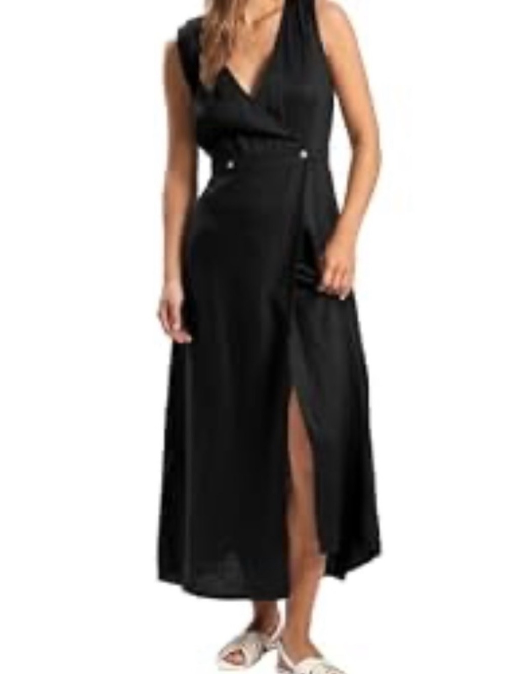 100 percent LINEN Black V-Neck Sleeveless Wrap Dress
